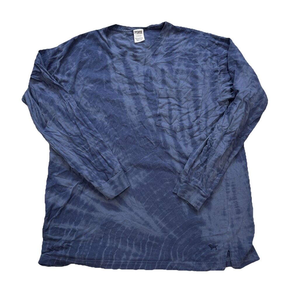 Victoria Secret PINK T Shirt Long Sleeve Campus Tee Blue Tie Dye Logo Size L